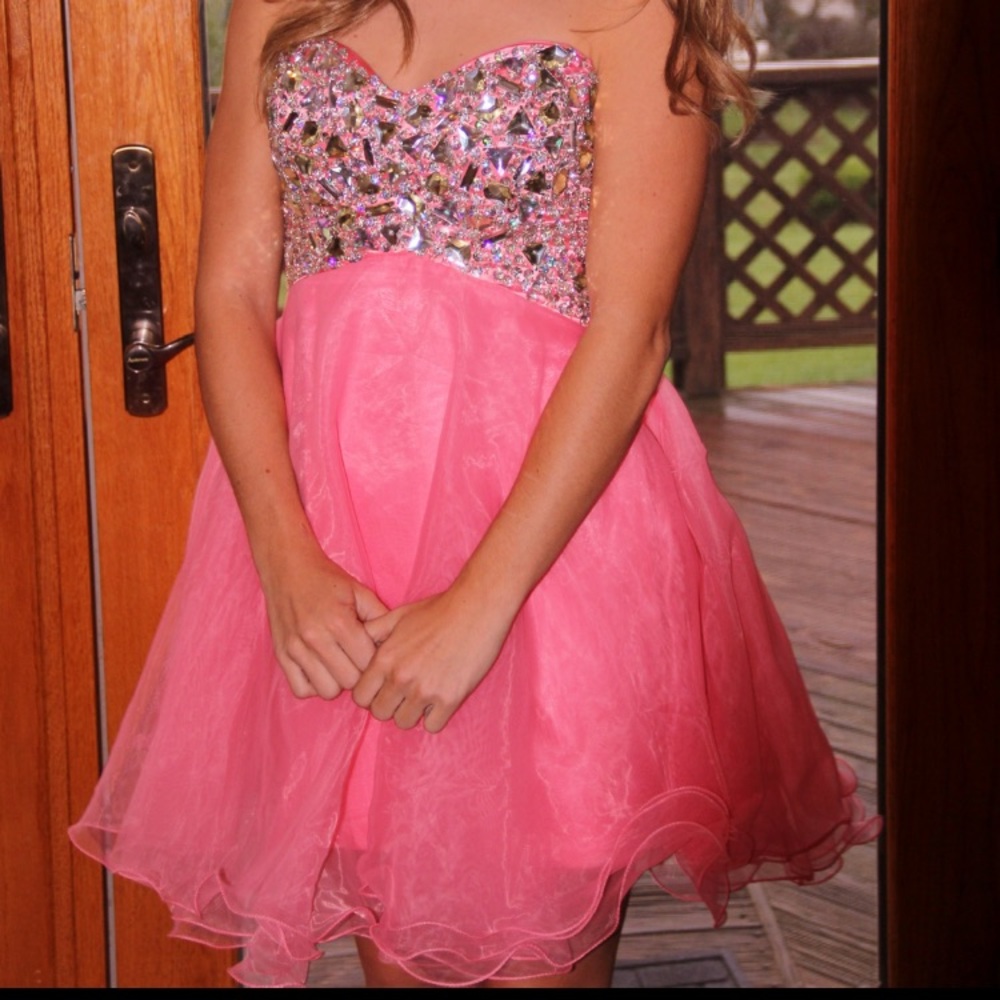 Pink strapless sequin sweetheart homecoming dress